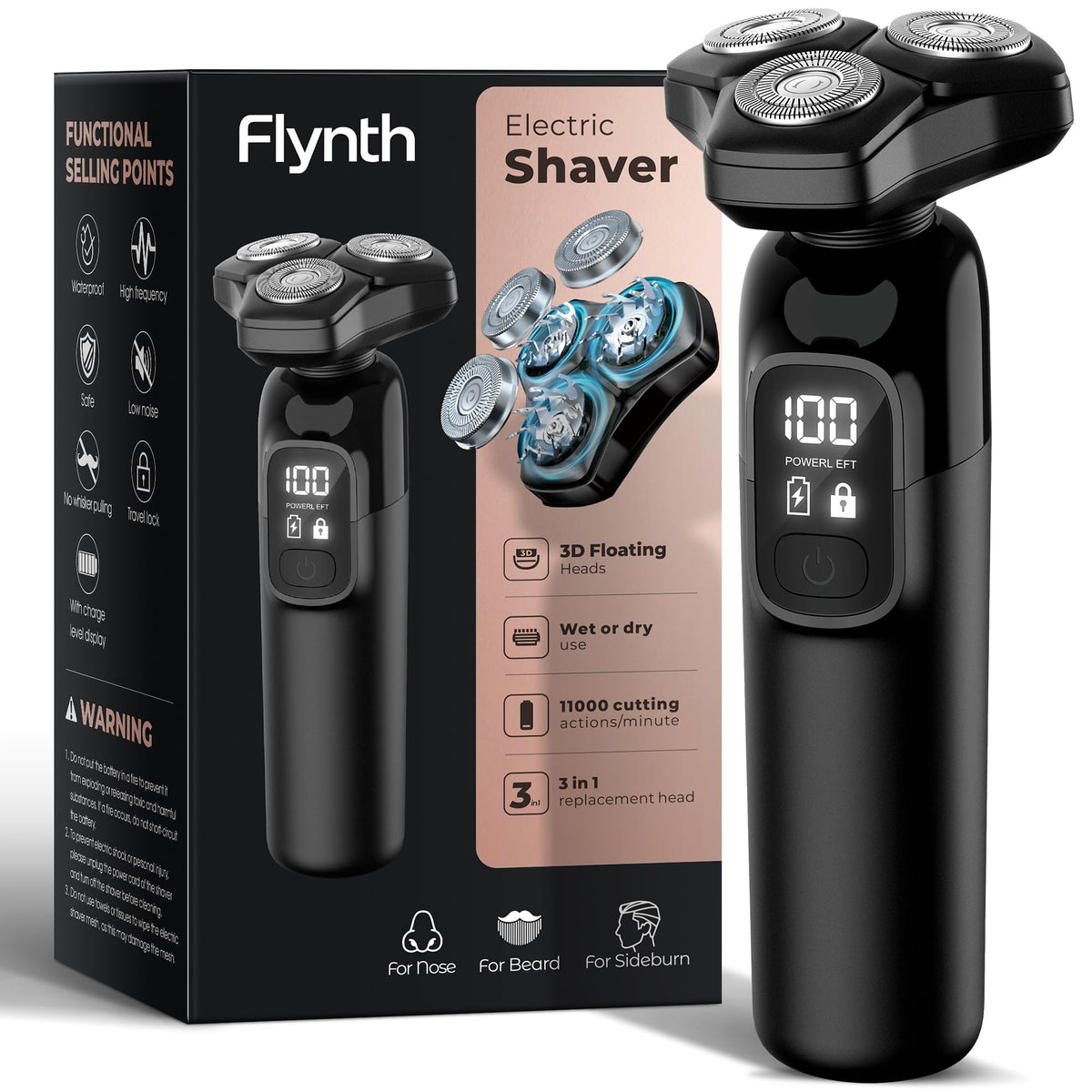 Flynth Electric Razor front view with three rotary blades