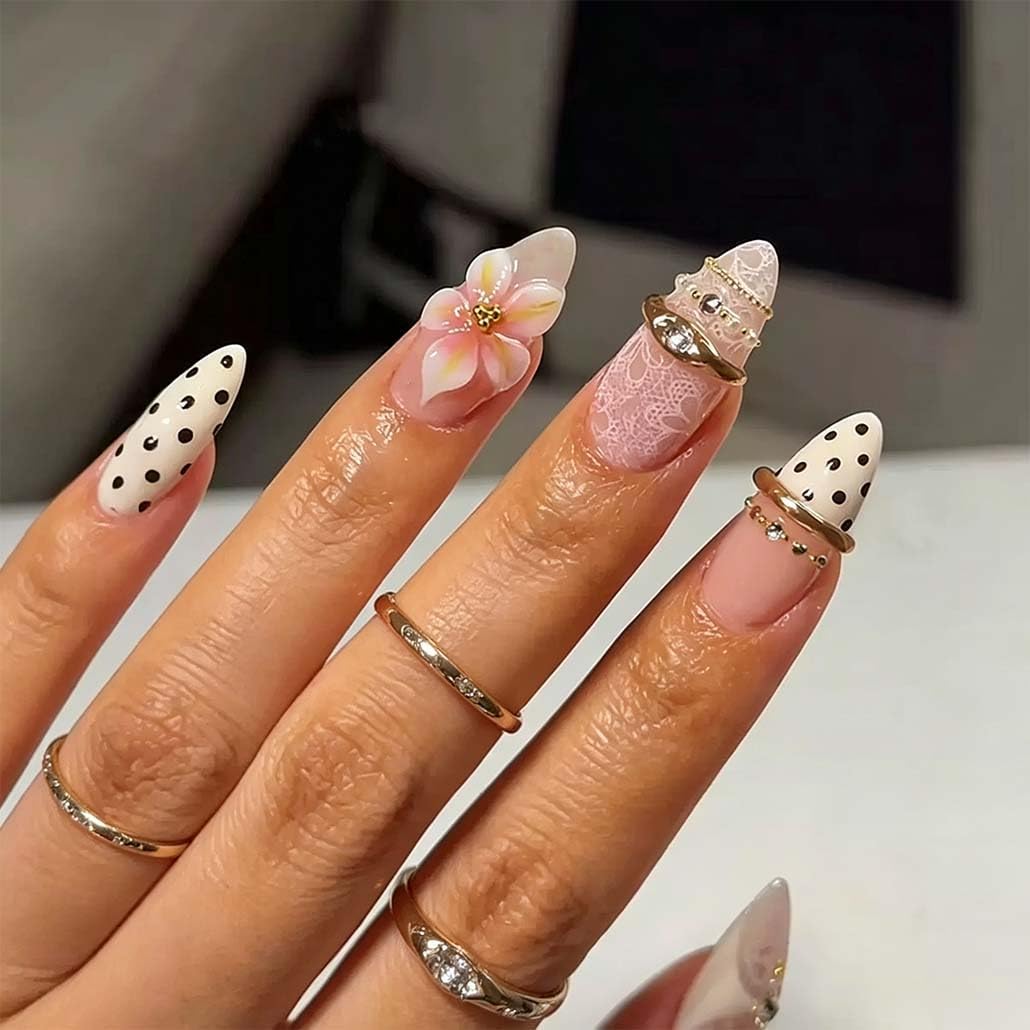 Foccna Almond Press On Nails front view with white polka dots and pink flowers