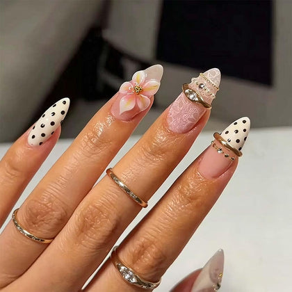 Foccna Almond Press On Nails front view with white polka dots and pink flowers