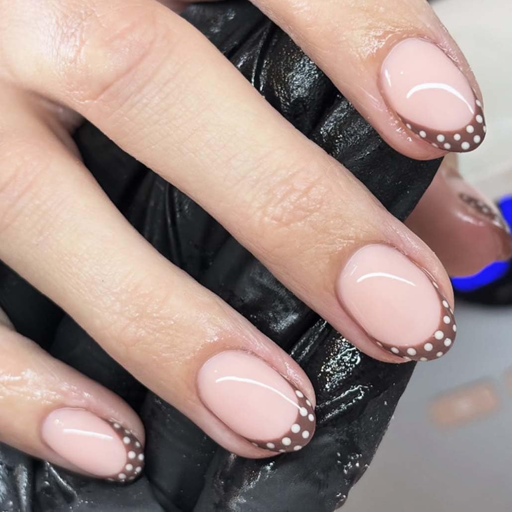 Foccna brown almond press on nails front view with polka dots