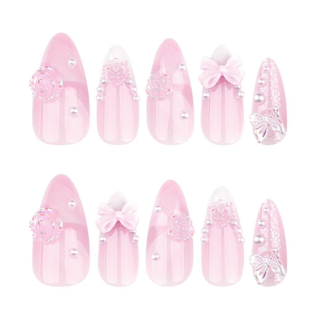 Foccna Pink Almond Press On Nails displayed with adhesive tabs