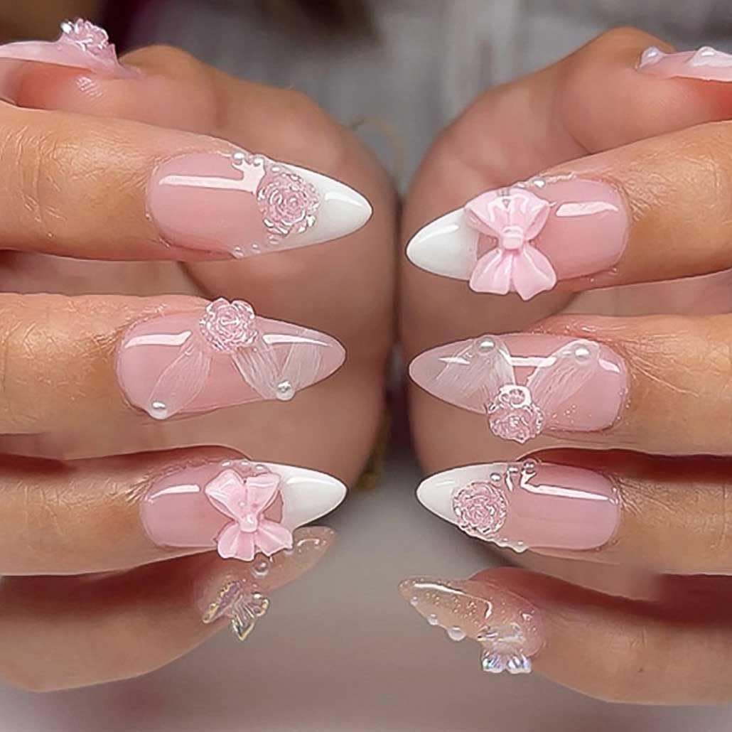 Foccna Pink Almond Press On Nails front view with 3D flower design