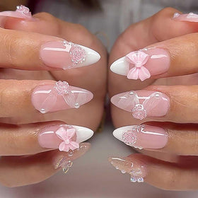 Foccna Pink Almond Press On Nails front view with 3D flower design