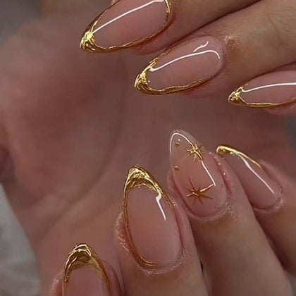 Foccna Press On Nails Almond 24Pcs front view with gold line design