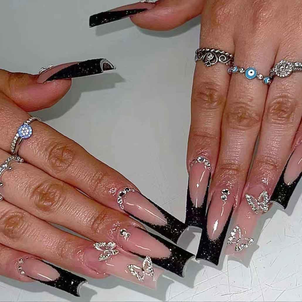 Foccna Press on Nails long pink rhinestone front view