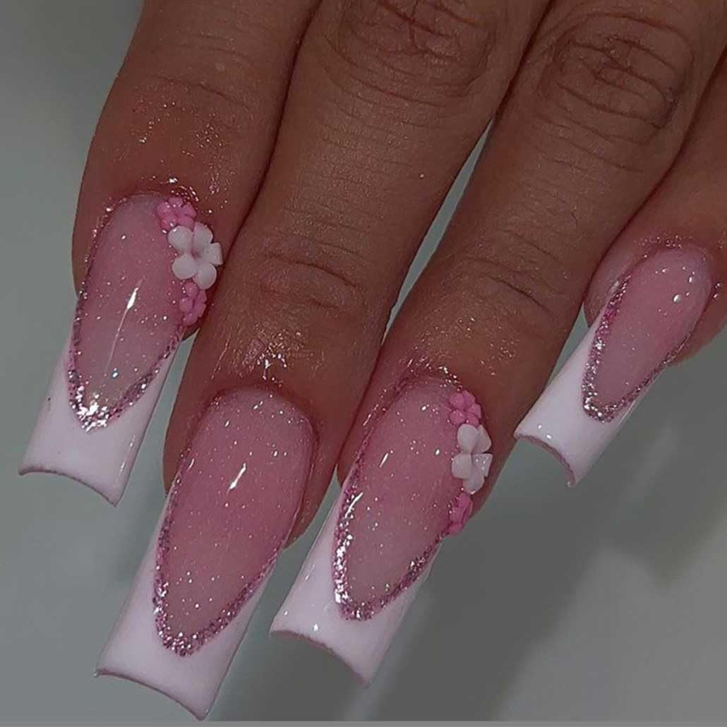 Foccna Press On Nails Long Rhinestone Pink front view
