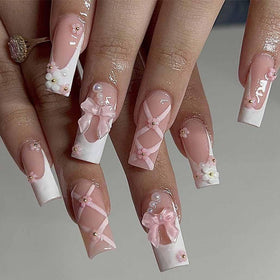 Foccna Press on Nails pink rhinestone front view