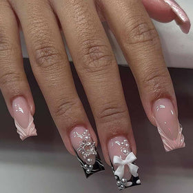 Foccna Press On Nails pink rhinestone front view