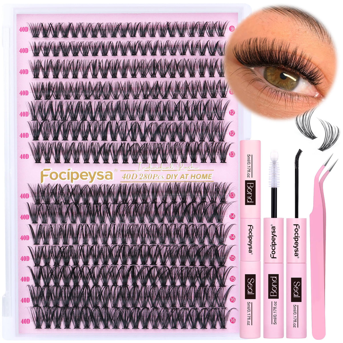 Focipeysa Eyelash Extension Kit 280pcs with applicator and bond
