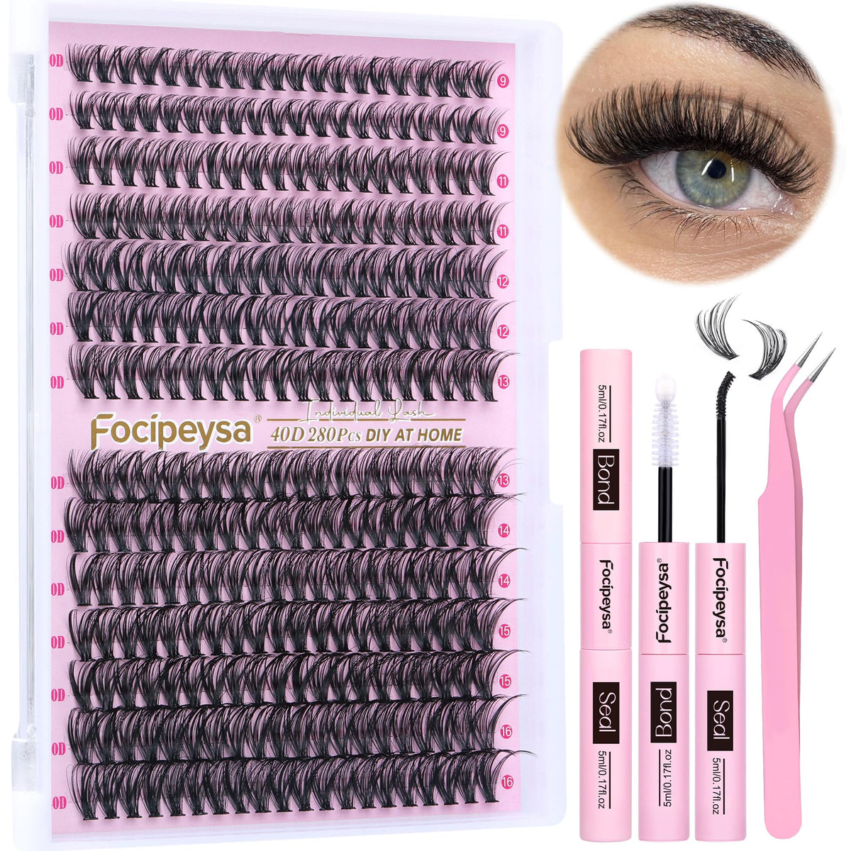 Focipeysa Eyelash Extension Kit components laid out
