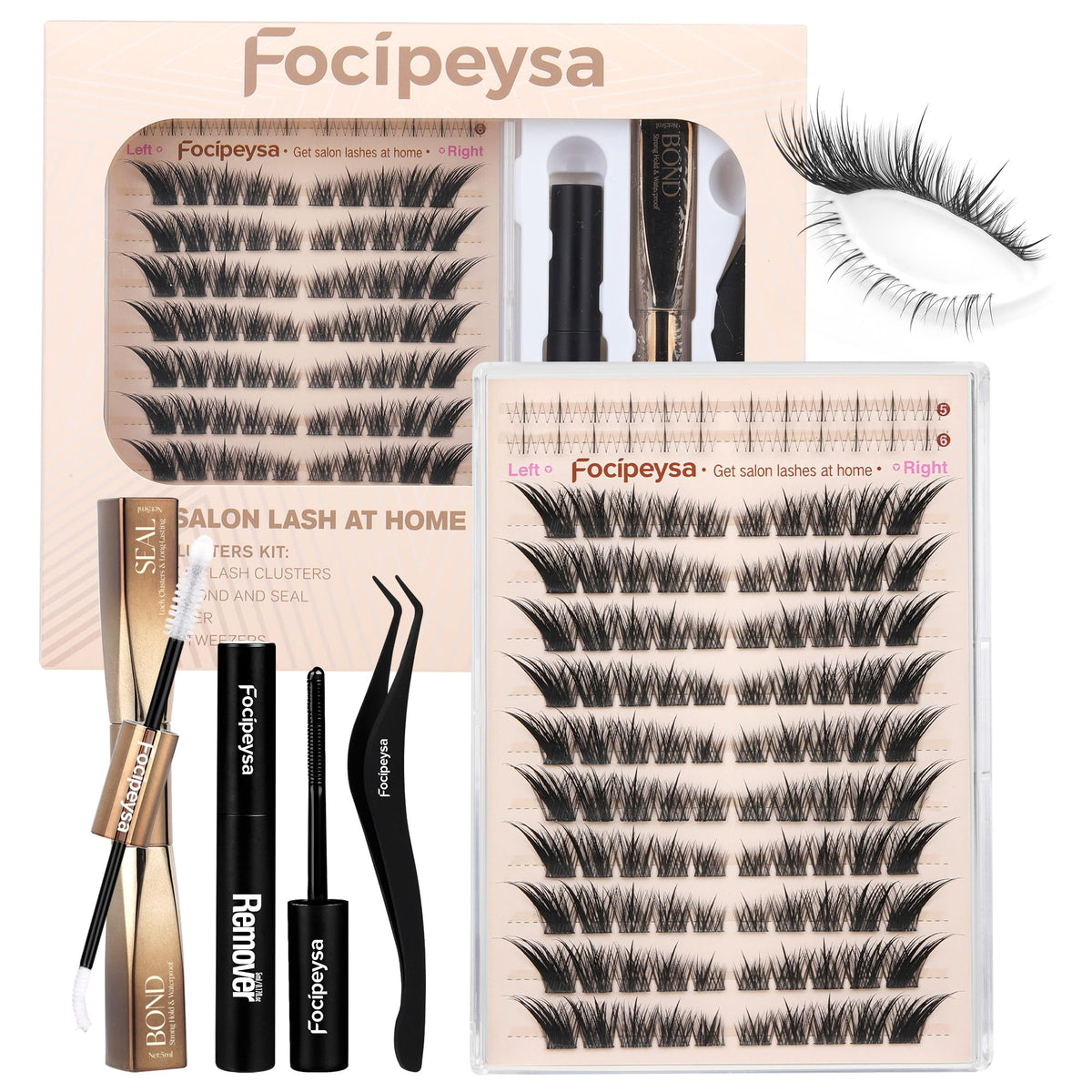Focipeysa Fox Eye Lash Clusters Kit with 124 pieces and lash bond