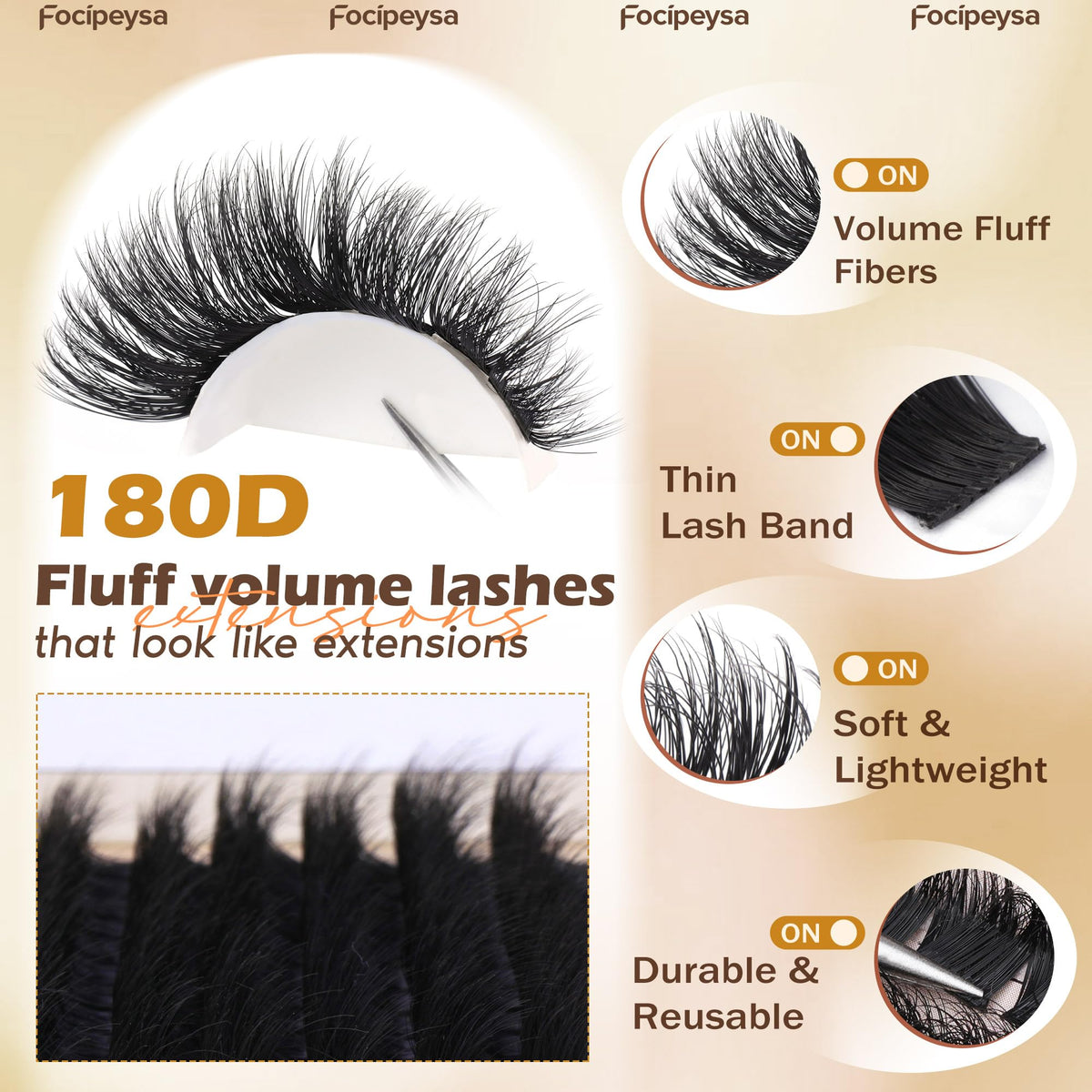 Focipeysa lash clusters applied on model's eyes