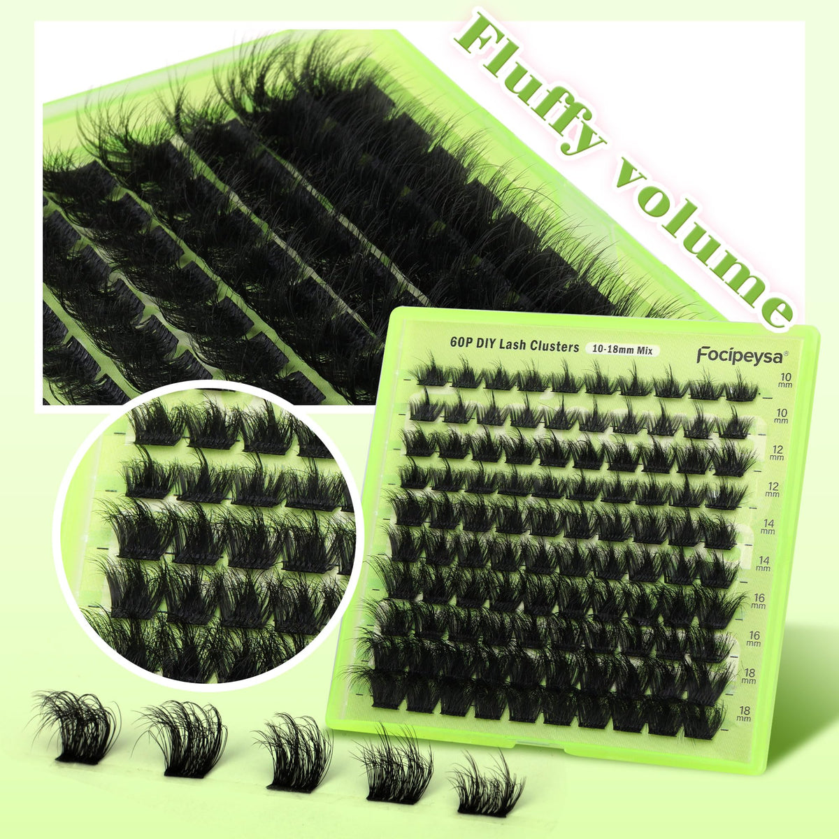 Focipeysa Lash Clusters displayed on a model's eye