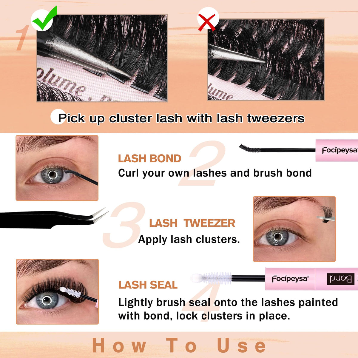 Focipeysa lash clusters in a beauty setup with makeup tools