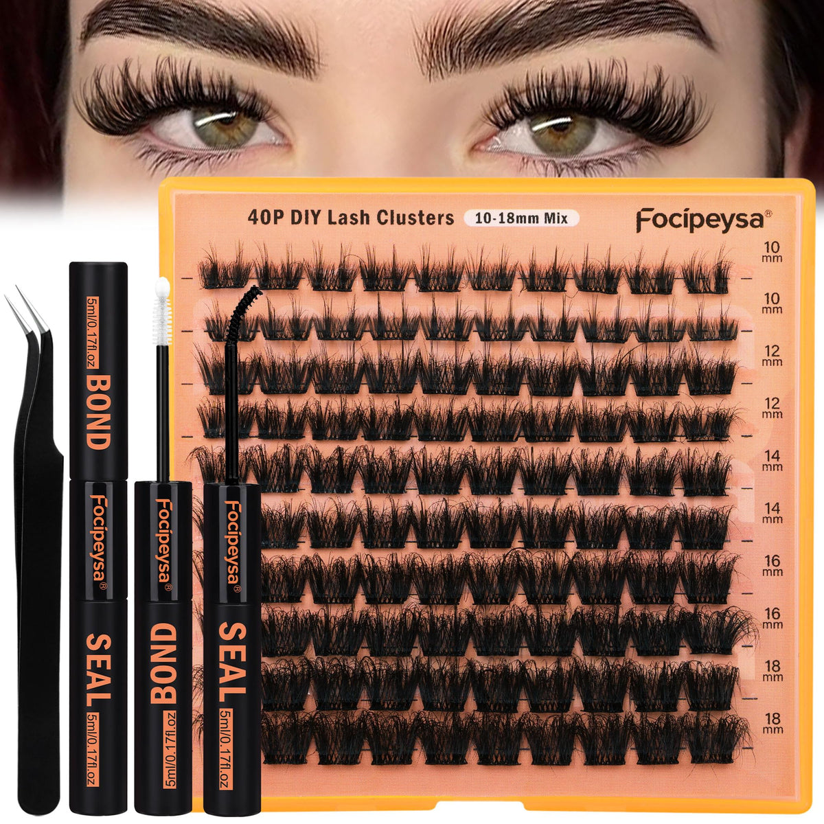 Focipeysa lash clusters in use on a model