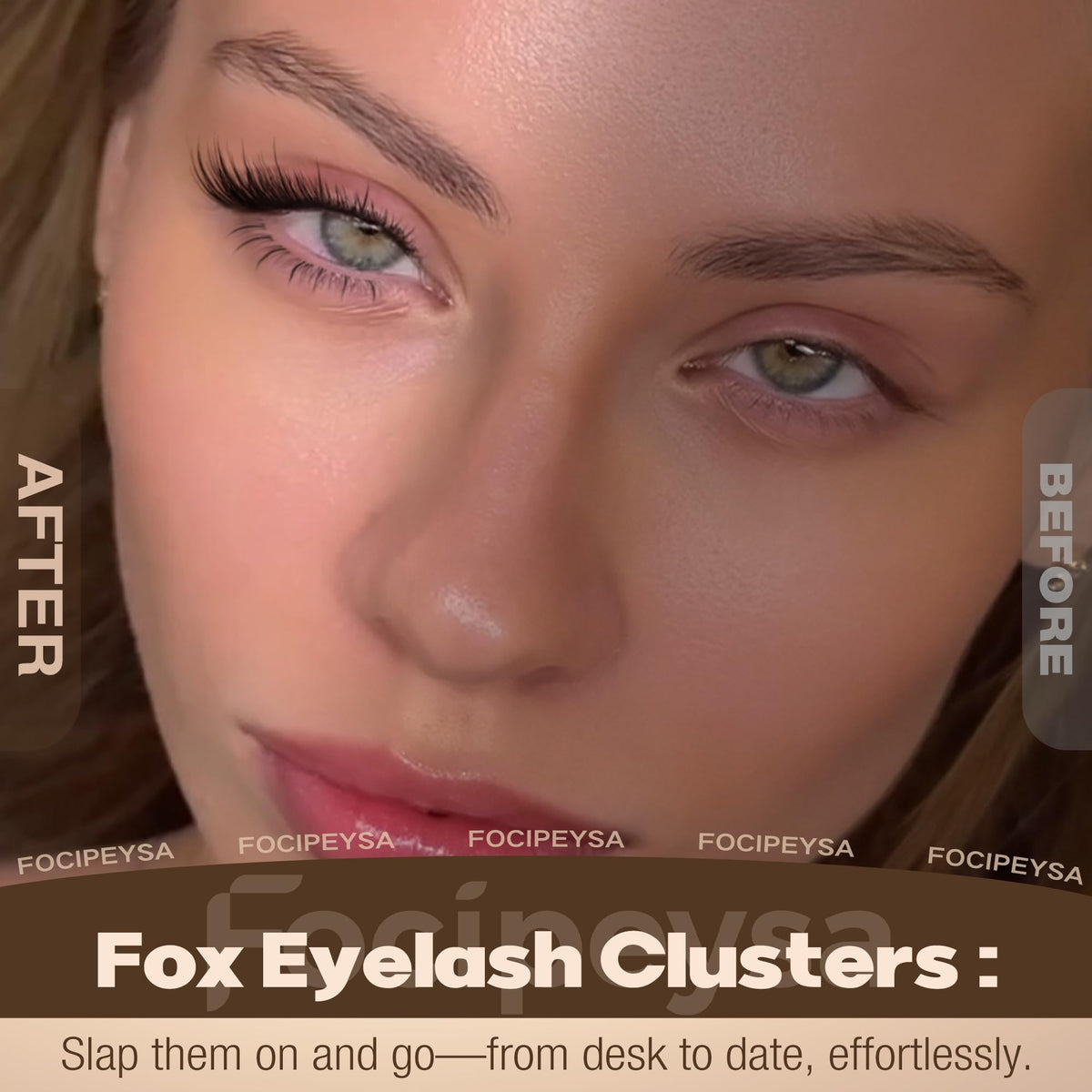 Focipeysa lash clusters on a model's eyes showcasing natural look