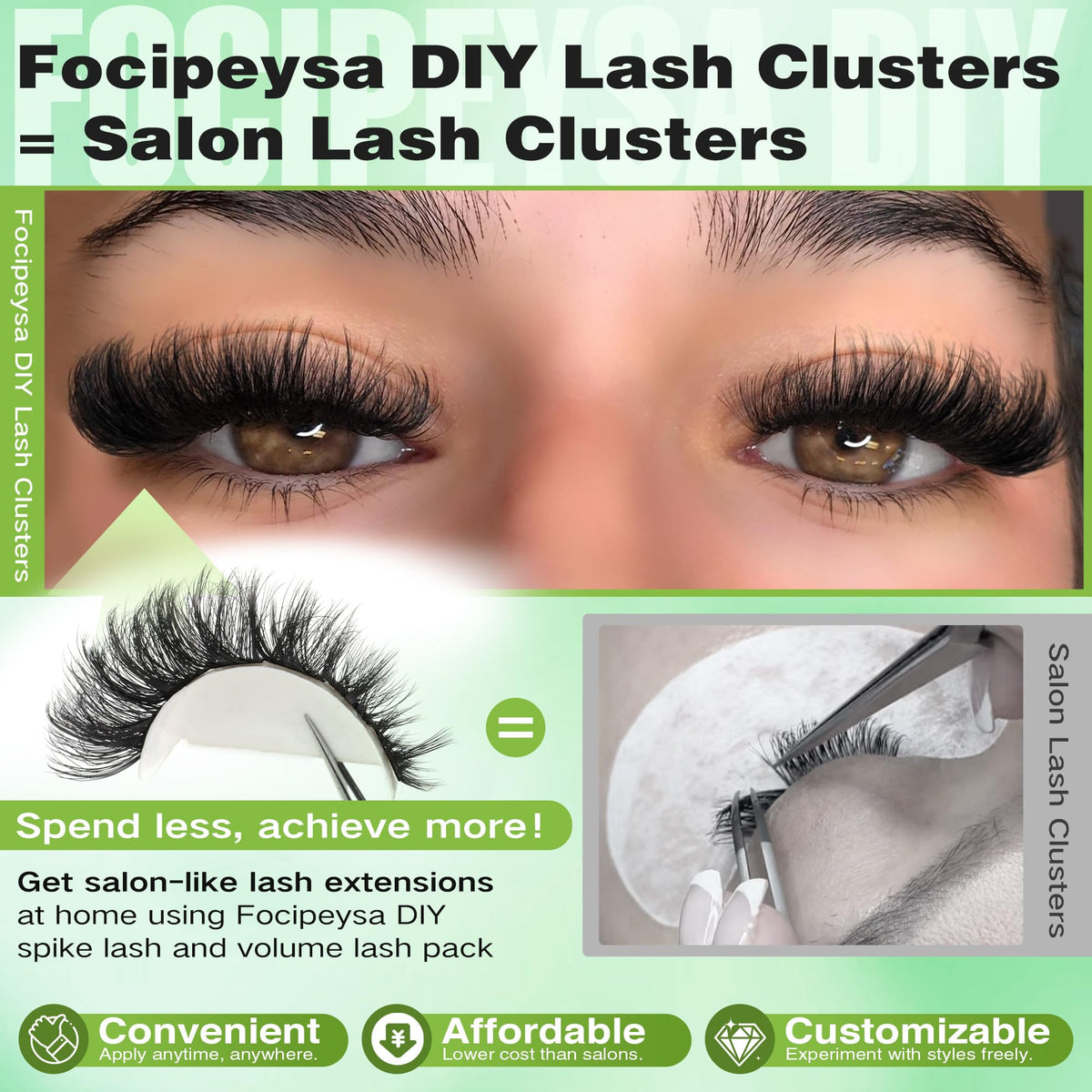Focipeysa Lash Clusters pack showing various lash lengths from 10mm to 18mm