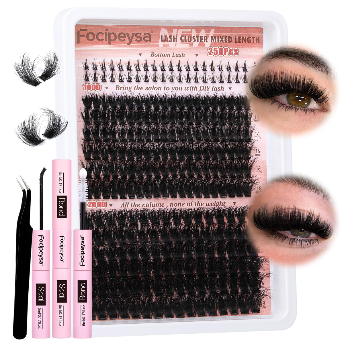 Focipeysa Lash Extension Kit front view with lash clusters