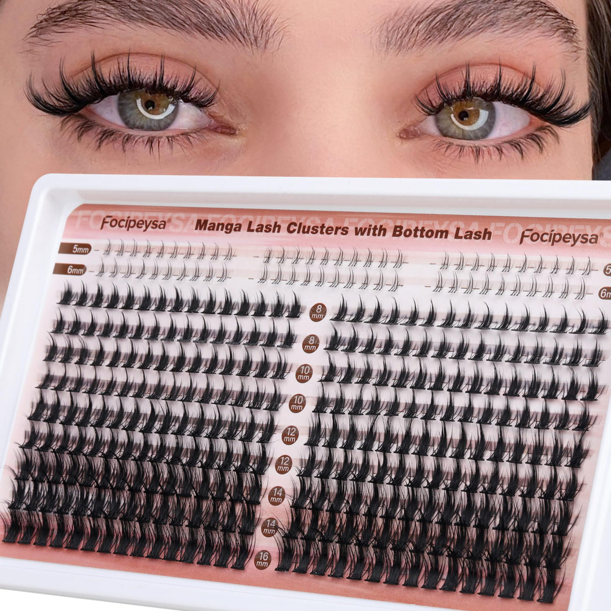 Focipeysa Manga Lash Clusters pack front view with 330 pieces