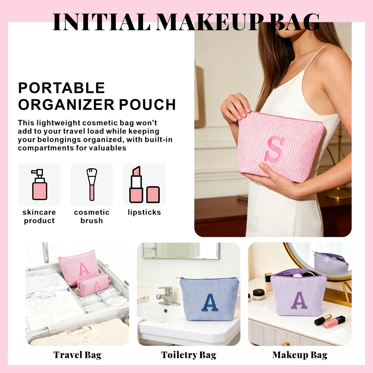 Fohufo Personalized Makeup Bag Set side view showing embroidery