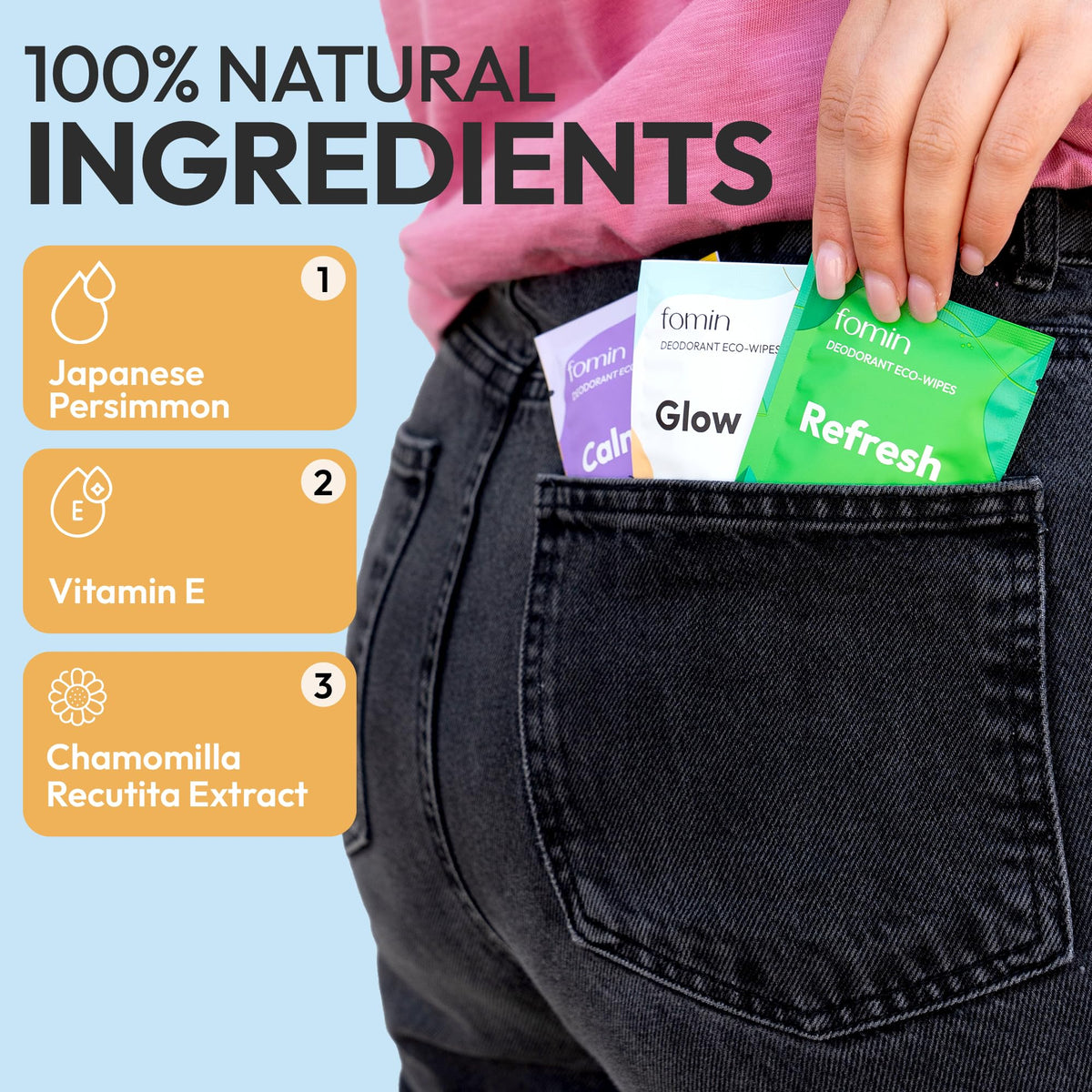 FOMIN Deodorant Wipes in a purse for travel use
