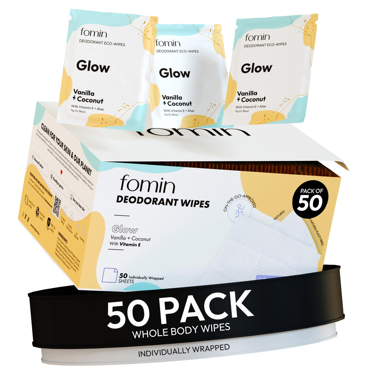 FOMIN Travel Deodorant Wipes 50 Count Coconut Vanilla front view