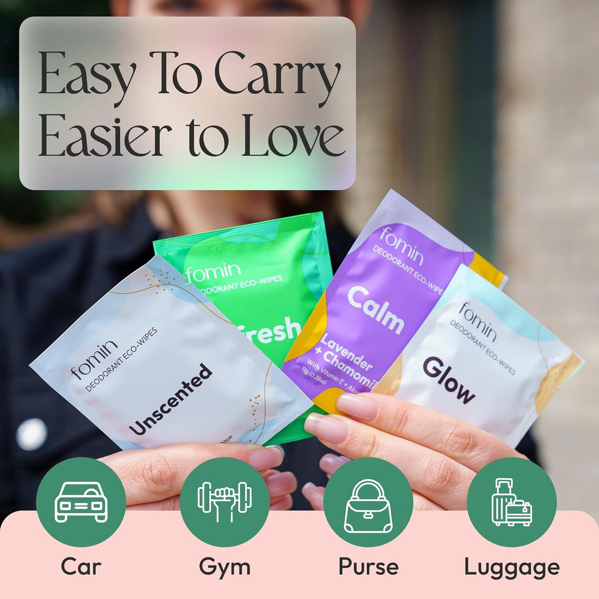 FOMIN Travel Deodorant Wipes in a gym bag