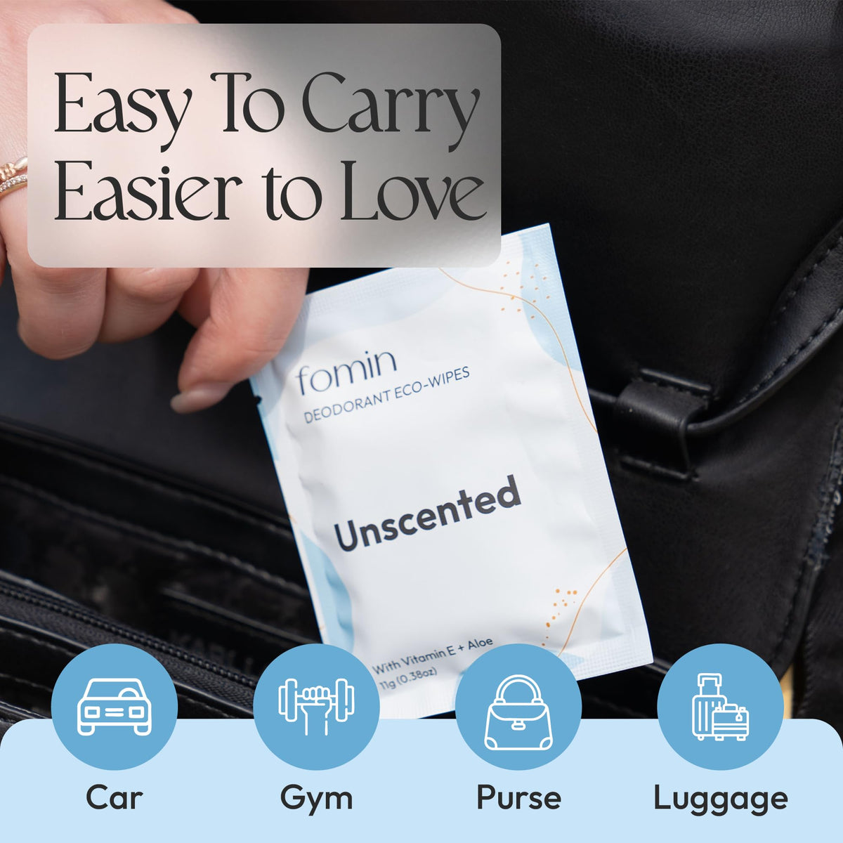 FOMIN Travel Deodorant Wipes open with a wipe visible