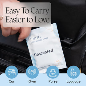 FOMIN Travel Deodorant Wipes open with a wipe visible