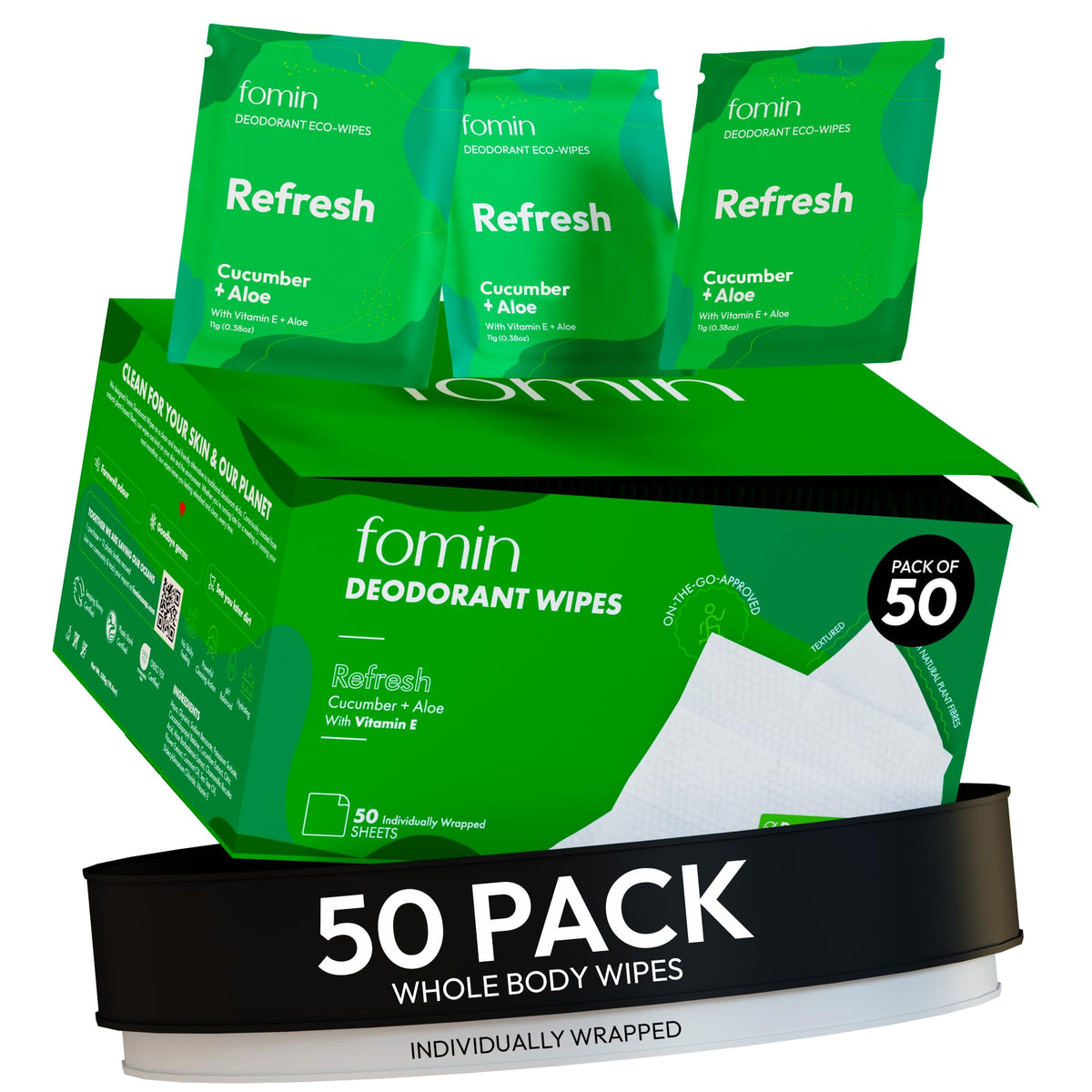 FOMIN Travel Deodorant Wipes packaging front view with cucumber aloe scent