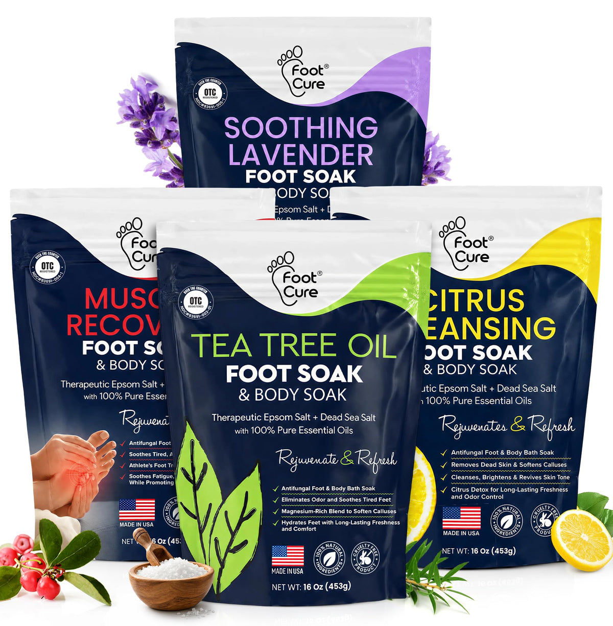 FOOT Foot Soak Collection with four blends in packaging