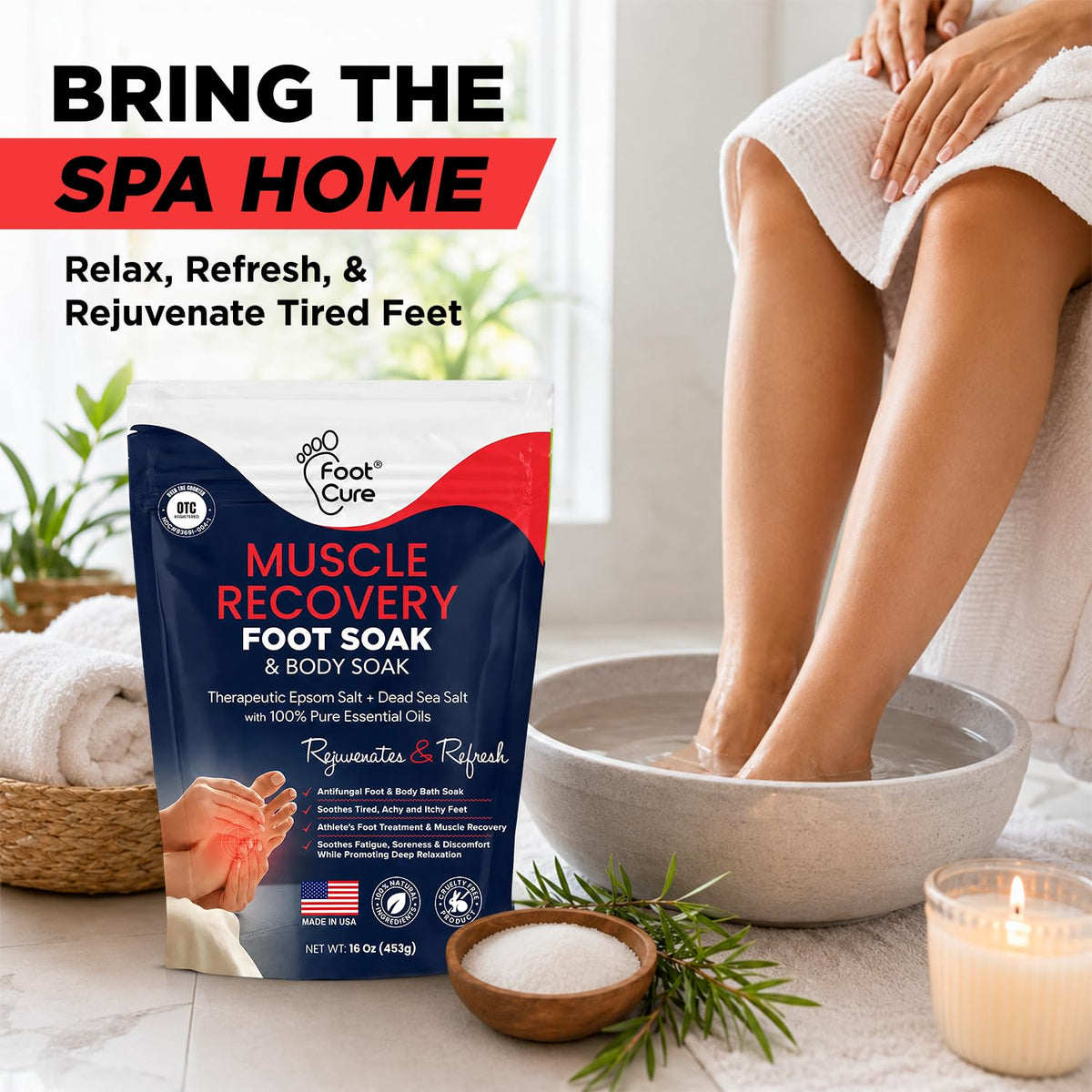 FOOT Muscle Recovery Foot Soak being poured into a foot bath