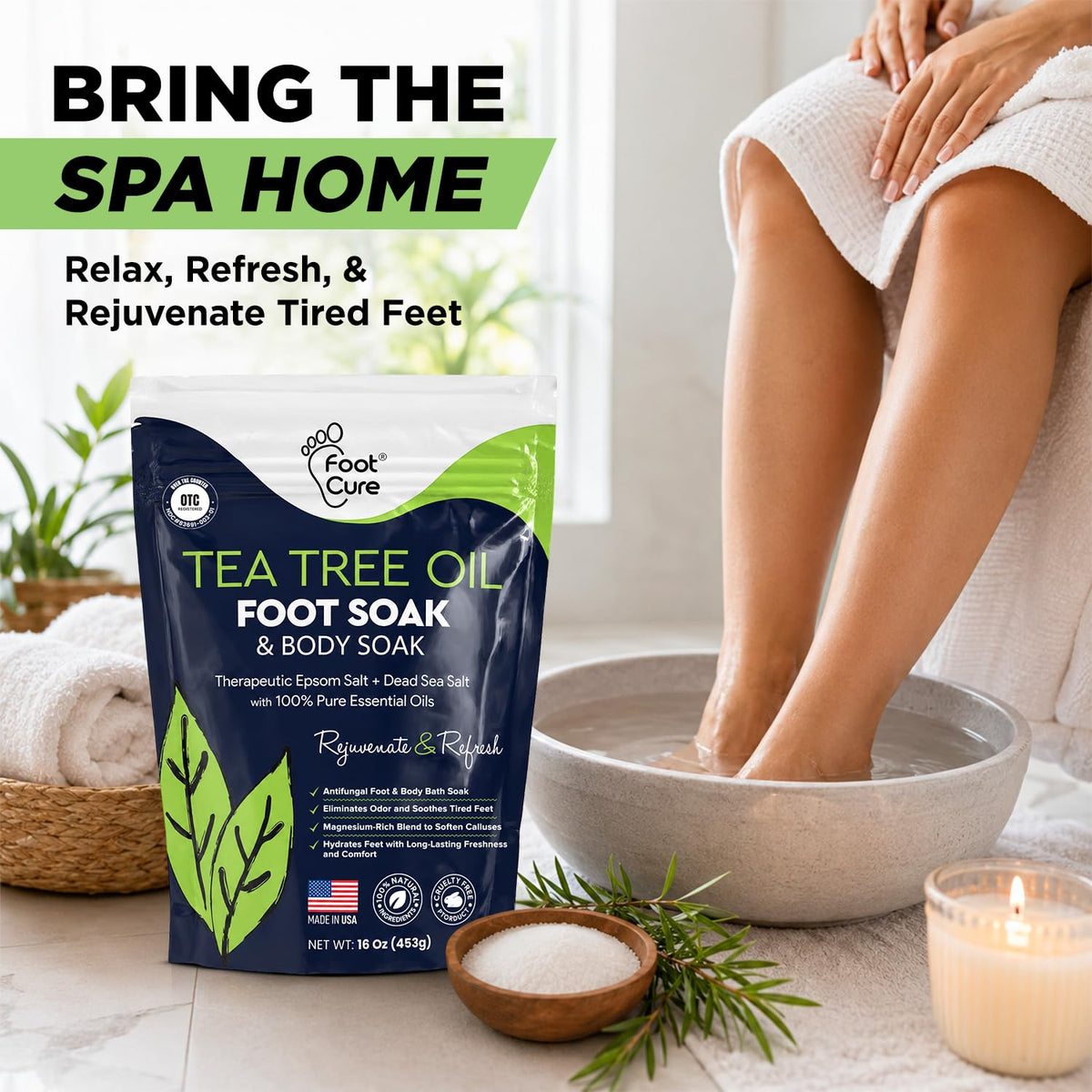 FOOT Tea Tree Oil Epsom Salt Foot Soak on a bathroom shelf