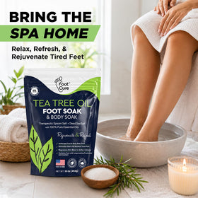 FOOT Tea Tree Oil Epsom Salt Foot Soak on a bathroom shelf