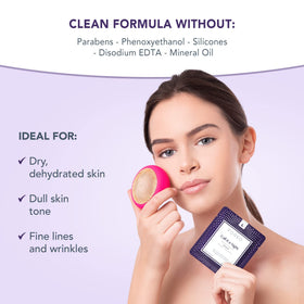 FOREO Call It A Night Revitalizing Mask showing ginseng and olive oil ingredients