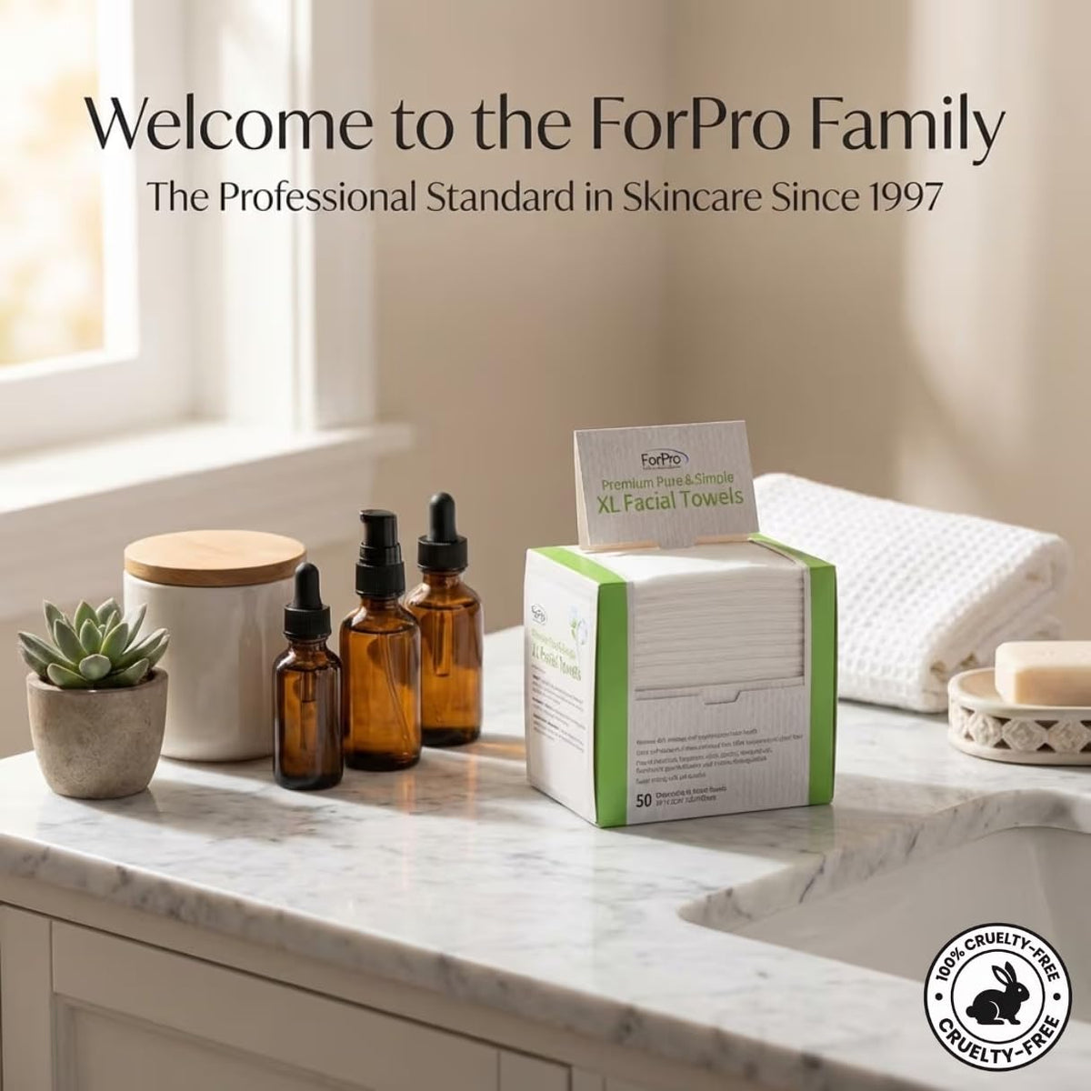 ForPro Disposable Face Towels XL 50-Count in bathroom setting
