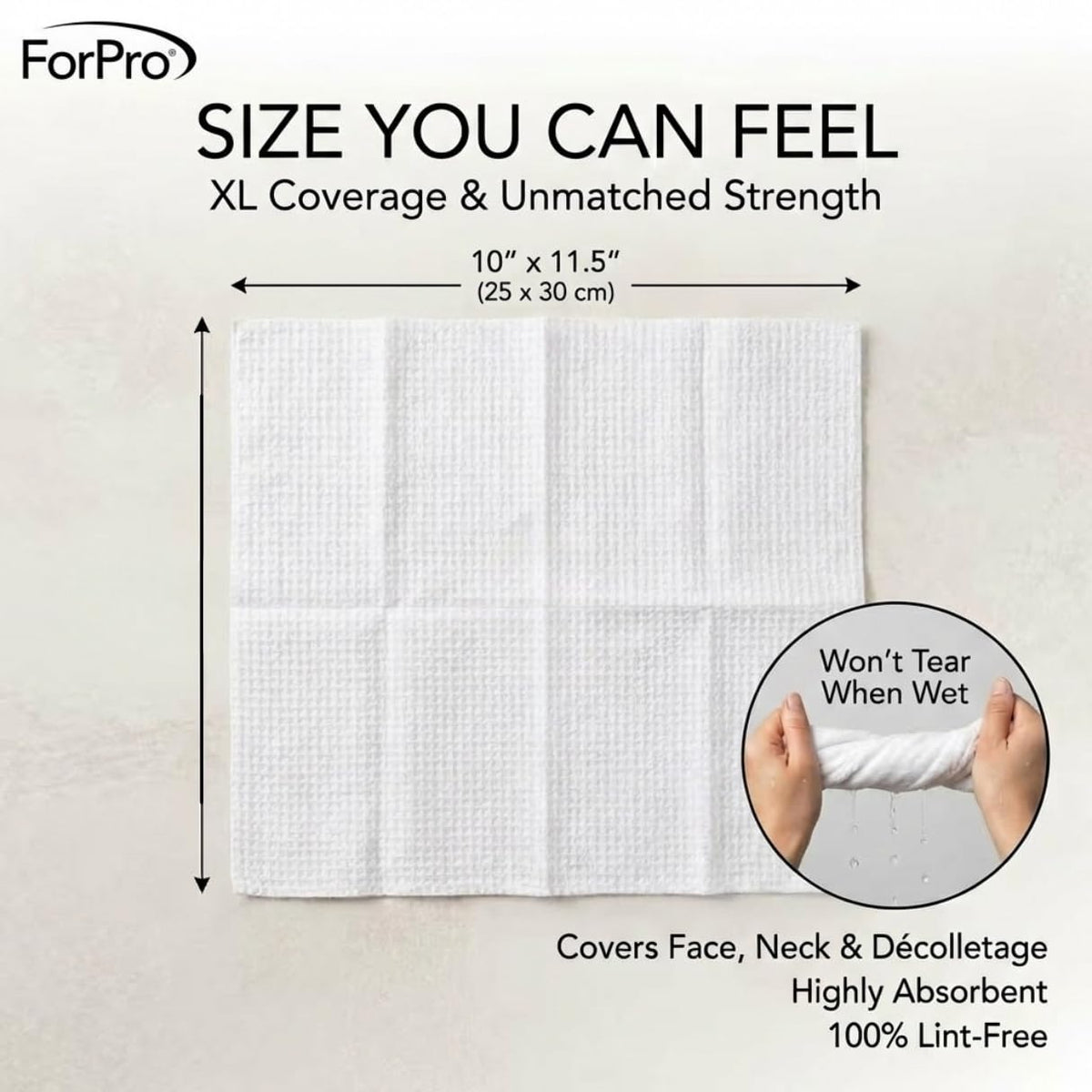 ForPro Disposable Face Towels XL 50-Count in use for makeup removal