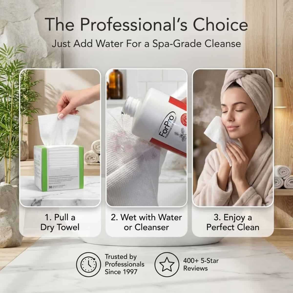 ForPro Disposable Face Towels XL 50-Count with skincare products