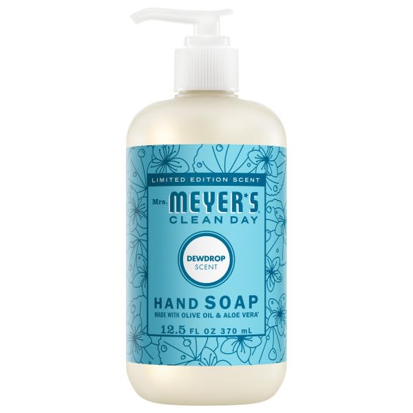 Four Mrs. MEYER'S Clean Day Liquid Hand Soaps arranged with floral background