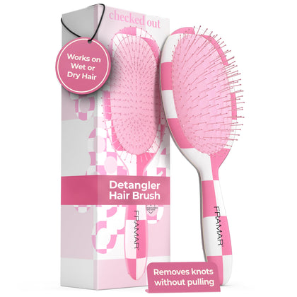 FRAMAR Checkered Hair Brush Detangler front view in pink