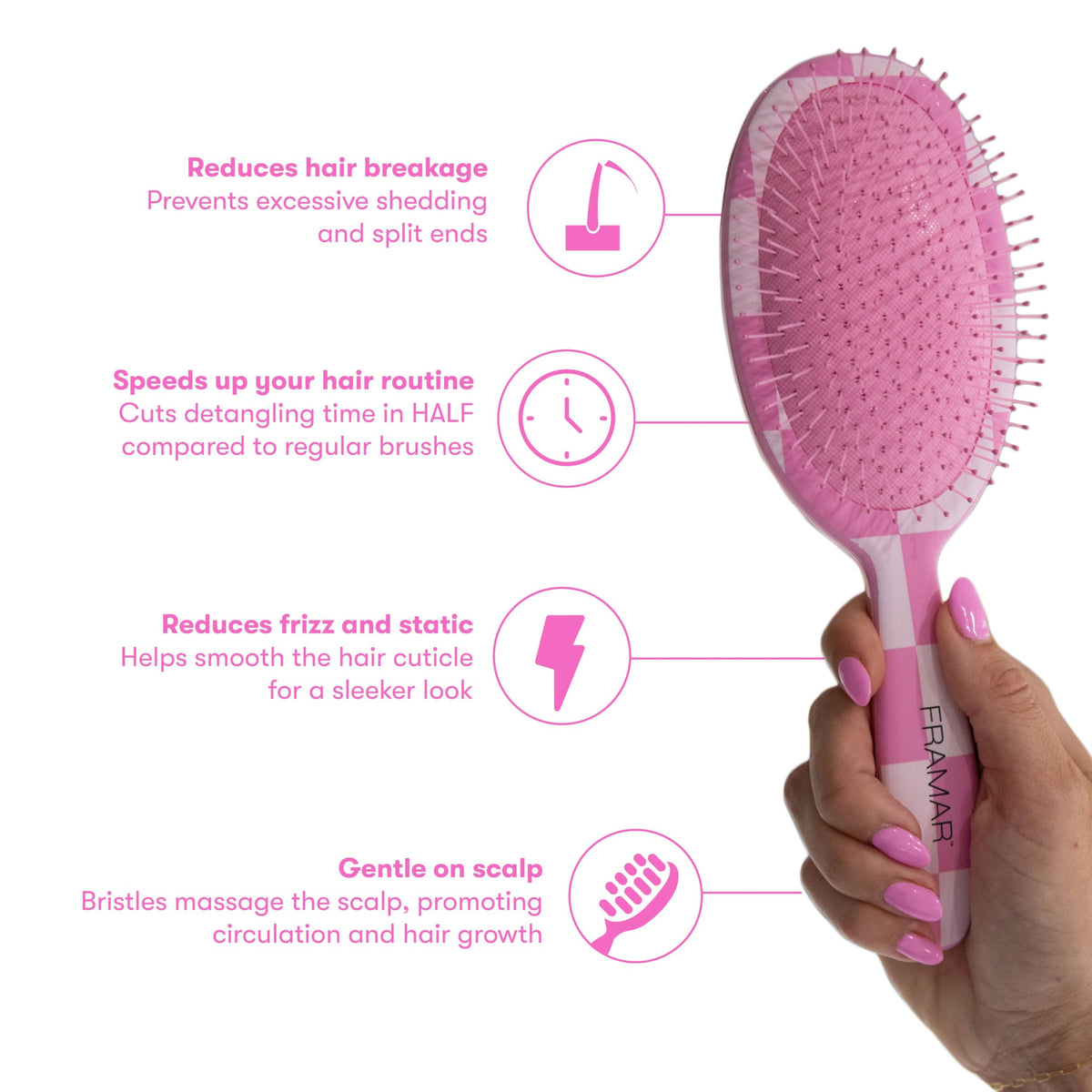 FRAMAR Checkered Hair Brush Detangler in hand demonstrating grip