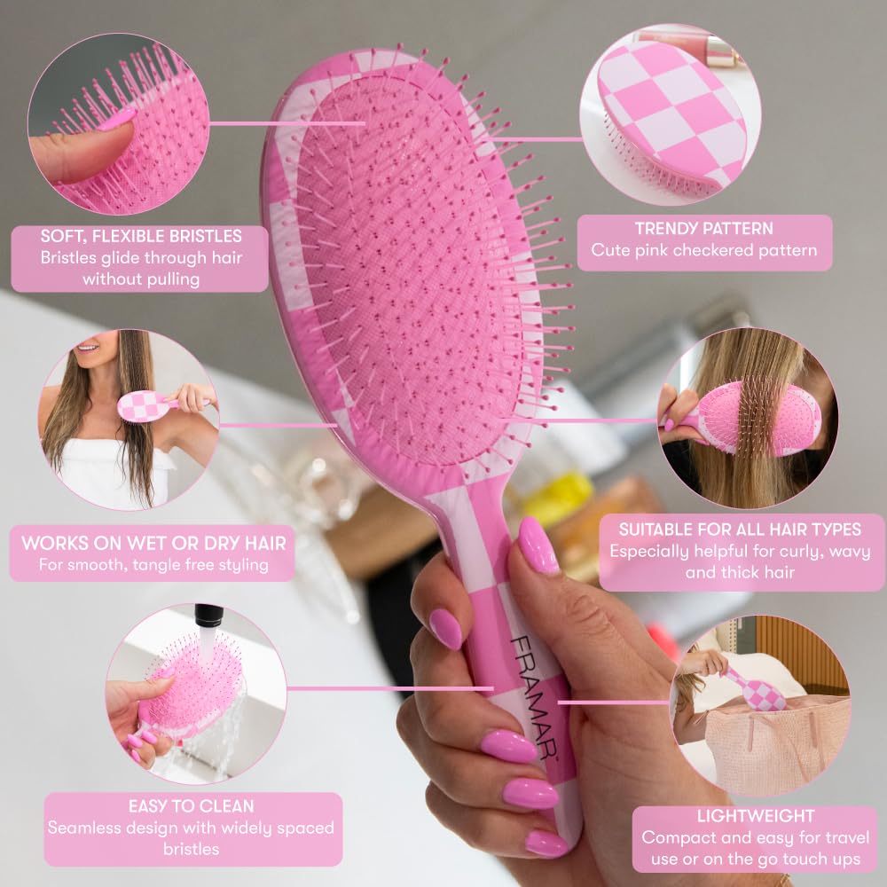 FRAMAR Checkered Hair Brush Detangler showing flexible bristles