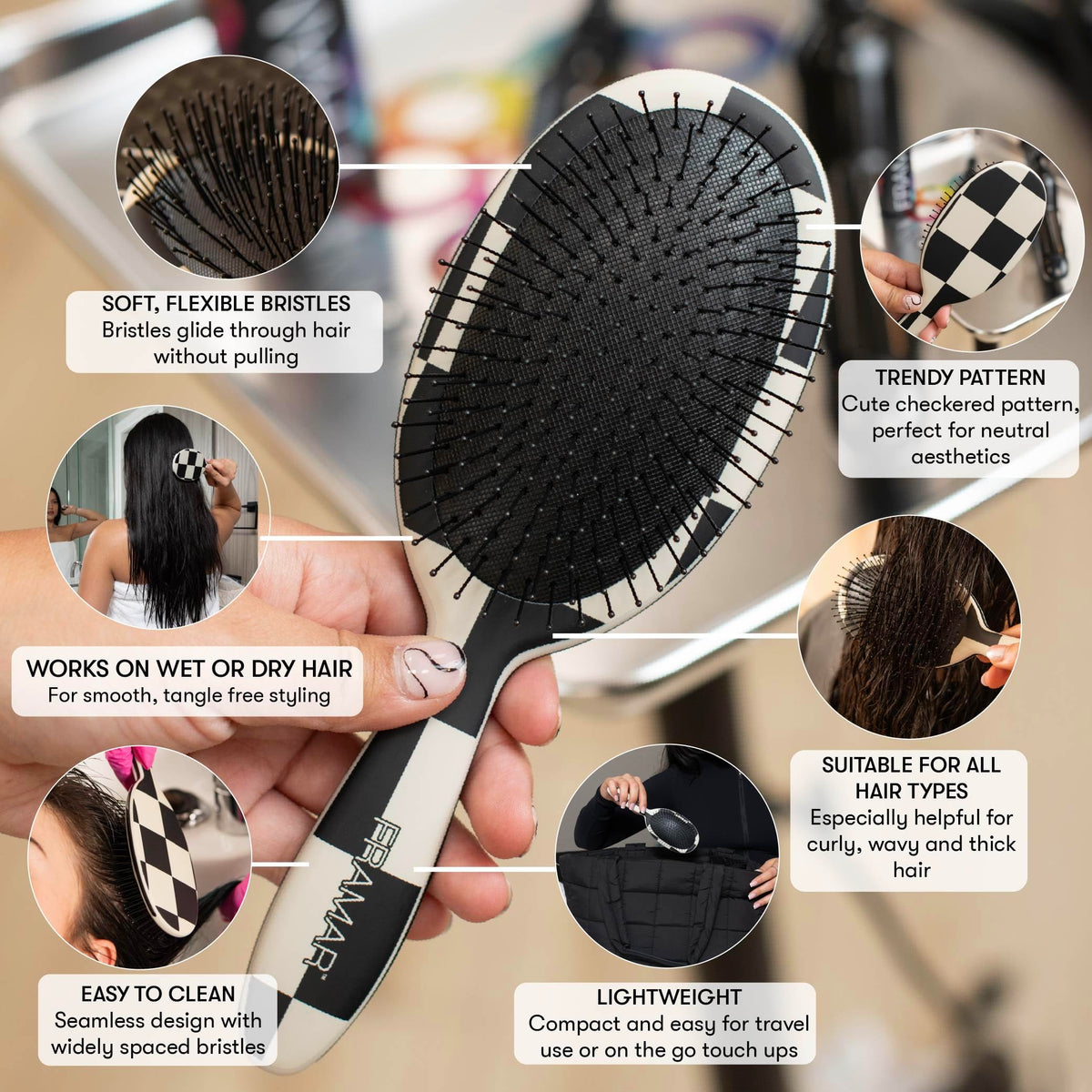 FRAMAR Checkered Print Hair Brush Detangler back view
