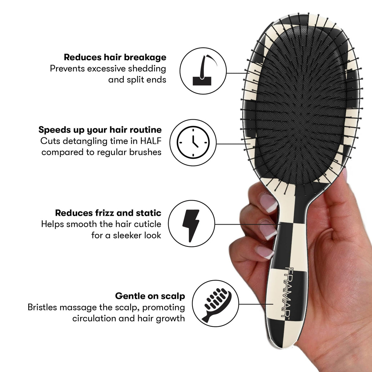 FRAMAR Checkered Print Hair Brush Detangler in use on wet hair