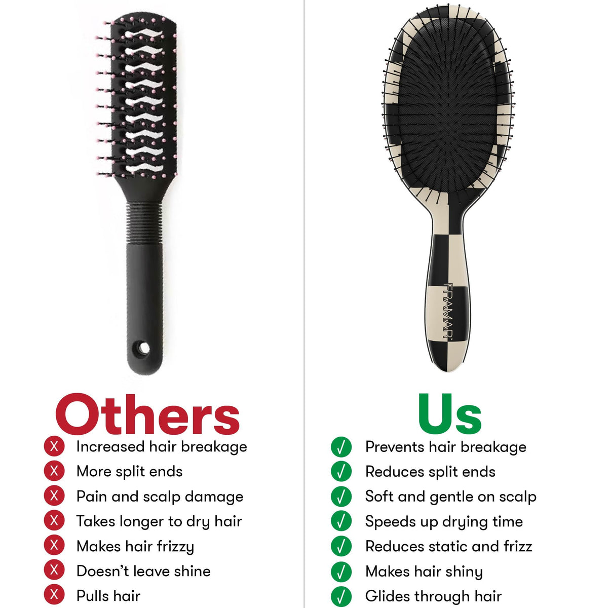 FRAMAR Checkered Print Hair Brush Detangler on a vanity