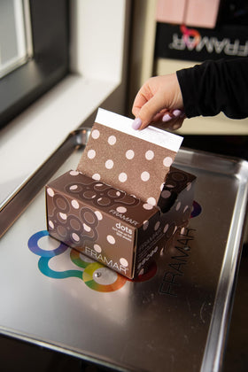 FRAMAR Chocolate Polka Dots Hair Foils stacked for easy access