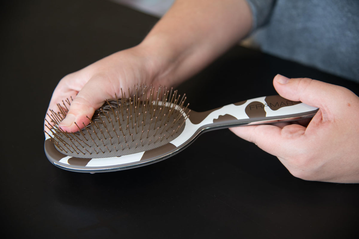 FRAMAR Cow Print Hair Brush Detangler close-up of bristles