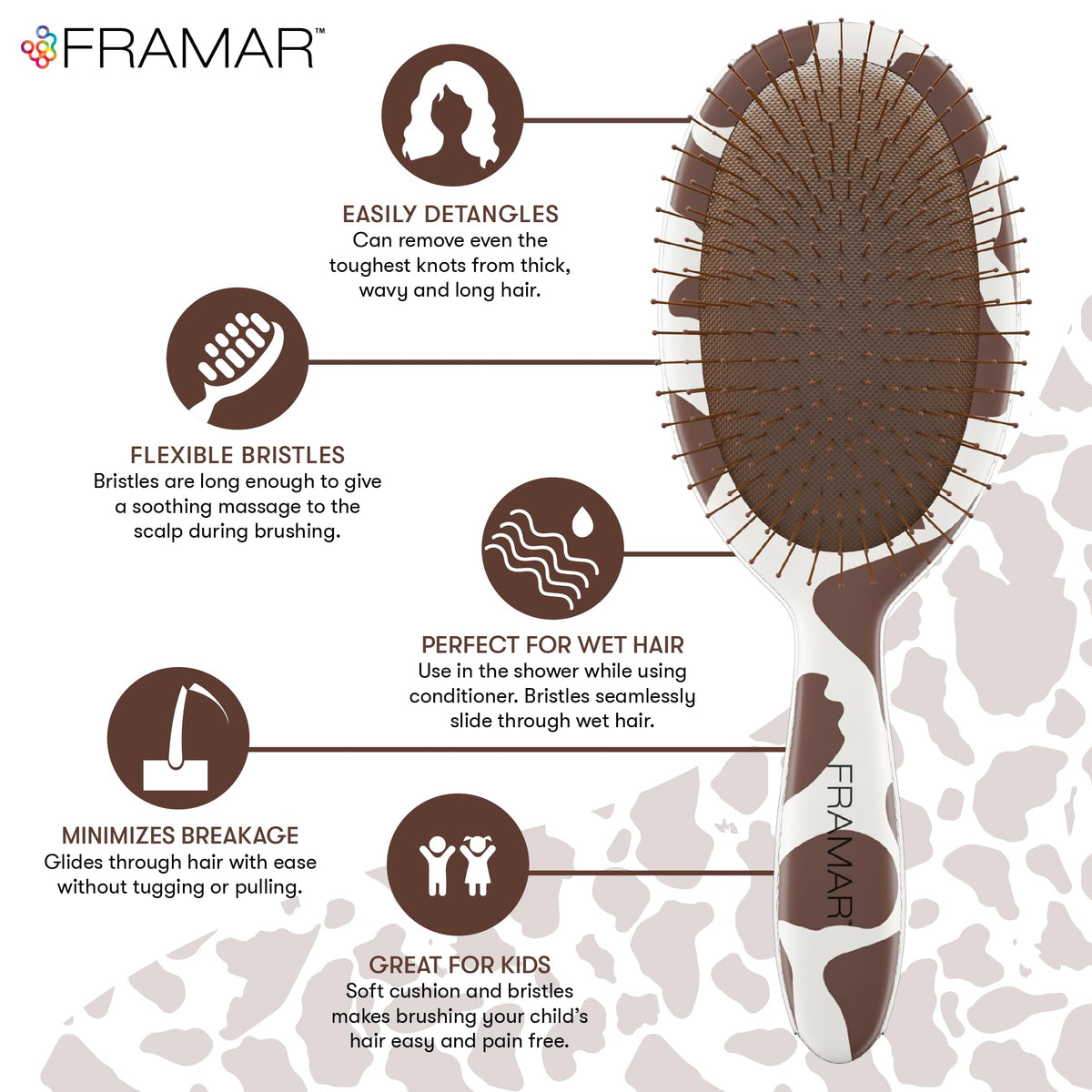 FRAMAR Cow Print Hair Brush Detangler in a stylish setting