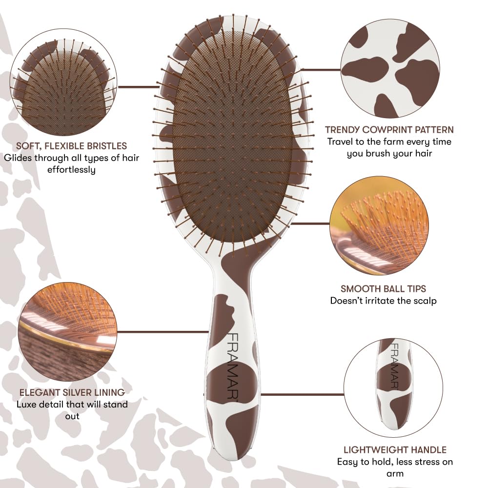 FRAMAR Cow Print Hair Brush Detangler side view