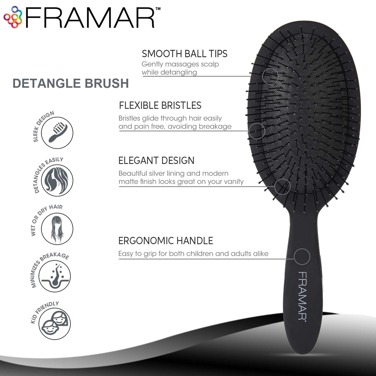 FRAMAR Detangling Brush back view showing bristles